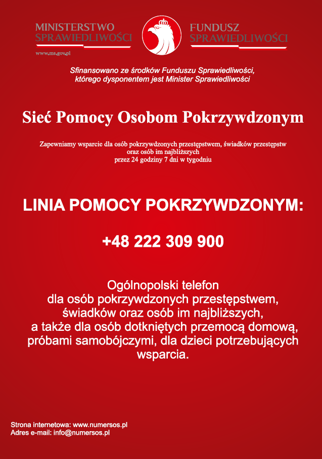 Ulotka profilaktyczna dotycząca sieci pomocy pokrzywdzonym, w której podano numer +48 222 309 900 dla osób pokrzywdzonych