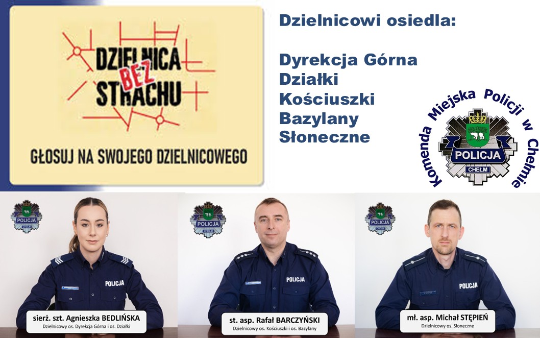 Zdjęcia policjantów dzielnicowych, logo komendy i plebiscytu Superdzielnicowy 2026