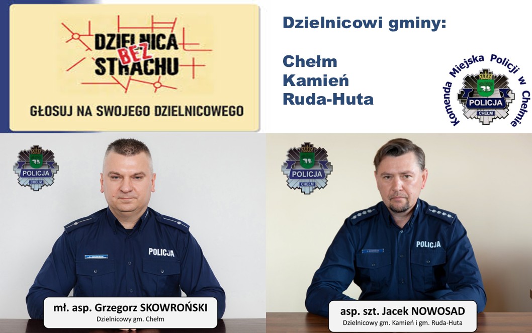 Zdjęcia policjantów dzielnicowych, logo komendy i plebiscytu Superdzielnicowy 2026