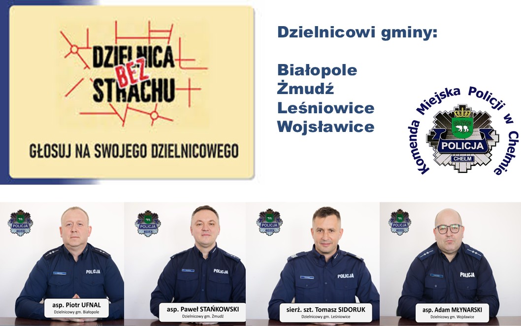 Zdjęcia policjantów dzielnicowych, logo komendy i plebiscytu Superdzielnicowy 2026