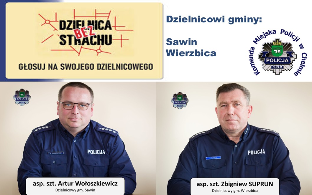 Zdjęcia policjantów dzielnicowych, logo komendy i plebiscytu Superdzielnicowy 2026