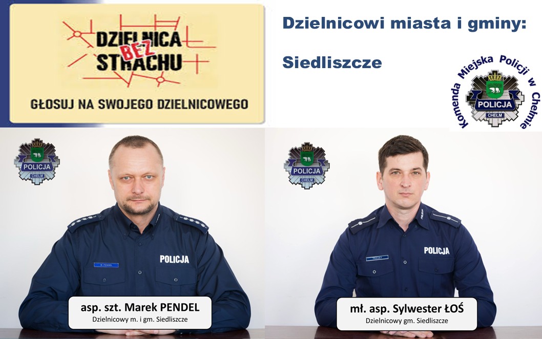Zdjęcia policjantów dzielnicowych, logo komendy i plebiscytu Superdzielnicowy 2026