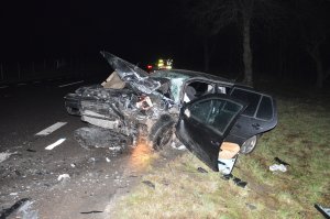 Rozbity samochód na poboczu drogi, w tle policjanci.