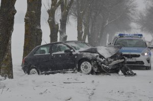 Stojący na poboczu drogi na tle drzew uszkodzony samochód, za którym stoi radiowóz