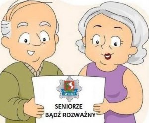 Grafika przedstawiająca mężczyznę i kobietę w starszym wieku, którzy trzymają w rękach ulotkę z napisem seniorze bądź rozważny
