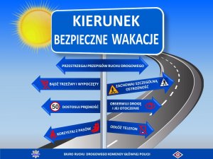 Grafika z drogą i słońcem na niebieskim tle, na pierwszym planie znak z napisem &amp;quot;Kierunek bezpieczne wakacje&amp;quot;, poniżej strzałki z napisami: Przestrzegaj przepisów ruchu drogowego, Bądź trzeźwy i wypoczęty, Zachowaj szczególną ostrożność, Dostosuj prędkość, Obserwuj drogę i jej otoczenie, Korzystaj z pasów, Odłóż telefon. Na dole grafiki napis Biuro Ruchu Drogowego Komendy Głównej Policji.
