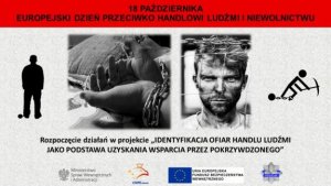 Plakat akcji informujący, że 18 października to Europejski Dzień przeciwko handlowi ludźmi.
