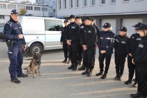 Policjant z psem służbowym i uczniowie.