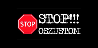 Biały napis na czarnym tle Stop Oszustom. Obok Grafika znaku drogowego z białym napisem stop na czerwnym tle.