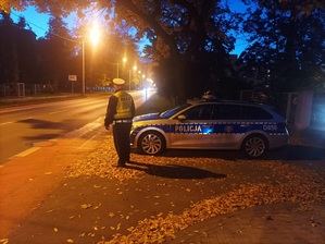 Policjant stojący przy radiowozie.