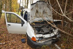 Uszkodzony samochód w drzewach