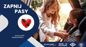 Plakat akcji "Zapnij pasy-poczuj ucisk bezpieczeństwa".