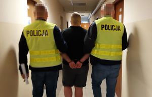 Zatrzymana kobieta prowadzona przez policjantów.