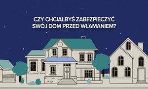 Plakat promujący akcję z rysunkiem domów oraz napisem &quot;Czy chciałbyś zabezpieczyć swój dom przed włamaniem?&quot;.