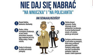 Plakat na temat oszustw na wnuczka i na policjanta.