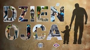 Grafika z napisem Dzień Ojca, obok sylwetka ojca trzymającego za rękę małe dziecko.