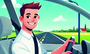 Grafika przedstawia uśmiechniętego mężczyznę za kierownicą samochodu. W lewym górnym rogu napis 25 lipca 2025 r. Dzień Bezpiecznego Kierowcy.