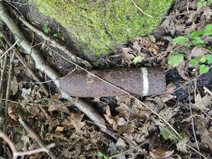 Niewybuch leżący przy drzewie