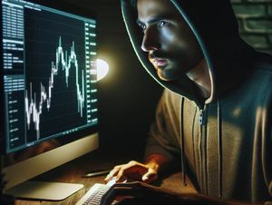 Mężczyzna w bluzie z kapturem na głowie siedzący przed ekranem komputera, na którym widać wykresy.