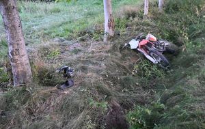 Leżący w rowie przy drzewach uszkodzony motocykl.