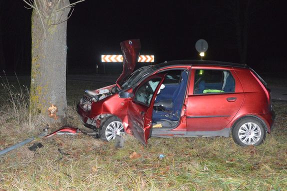 Uszkodzony samochód stojący poza jezdnią w pobliżu drzewa