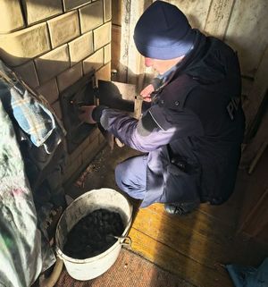 Funkcjonariusz Policji rozpalający w piecu