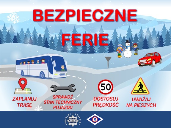 Grafika z napisem Bezpieczne Ferie