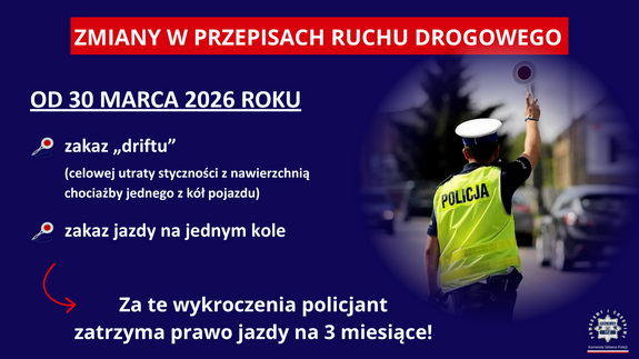 Grafika z napisami zmiany w przepisach ruchu drogowego od 30 marca 2026 roku zakaz driftu zakaz jazdy na jednym kole za te wykroczenia policjant zatrzyma prawo jazdy na 3 miesiące.