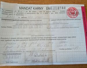 Zdjęcie przedstawiające mandat na kwotę 3000 złotych oraz 13 punktów karnych