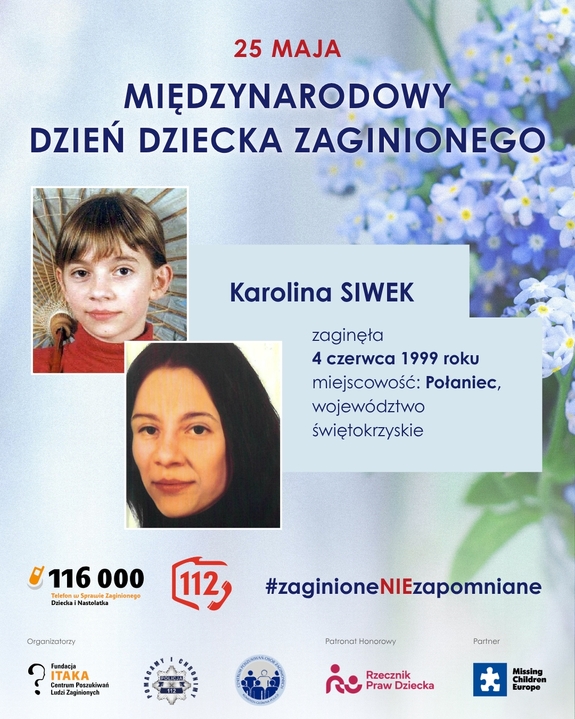 Plakat z napisem 25 maja Międzynarodowy Dzień Dziecka Zaginionego
