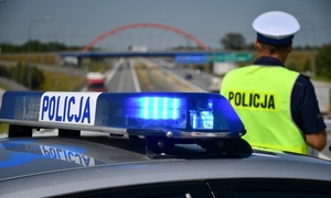 Policjant przy radiowozie obserwuje ruch na drodze