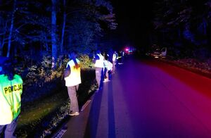 Policjanci stoją wzdłuż lasu.